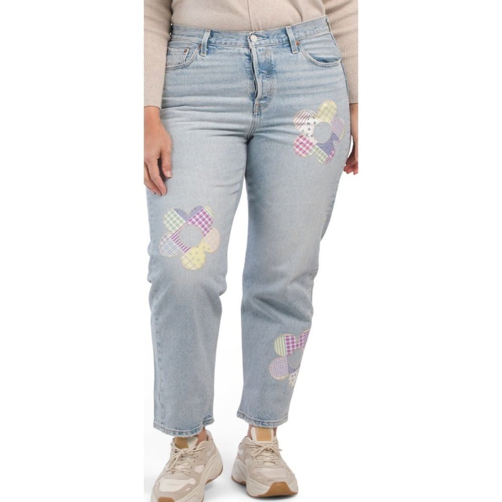 LEVIS Plus 501 Jeans Boho Embroidered Flowers Light Indigo